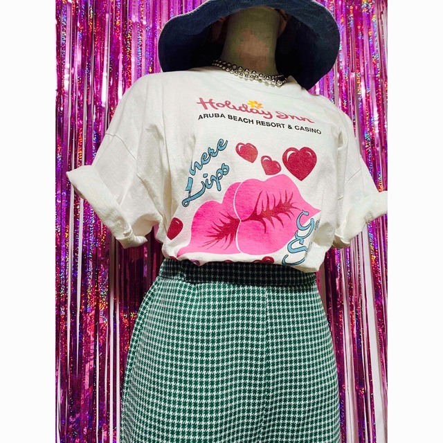 Lochie(ロキエ)のUSED USA 00s LIP＆HEART プリント半袖T WHT L/44 レディースのトップス(Tシャツ(半袖/袖なし))の商品写真