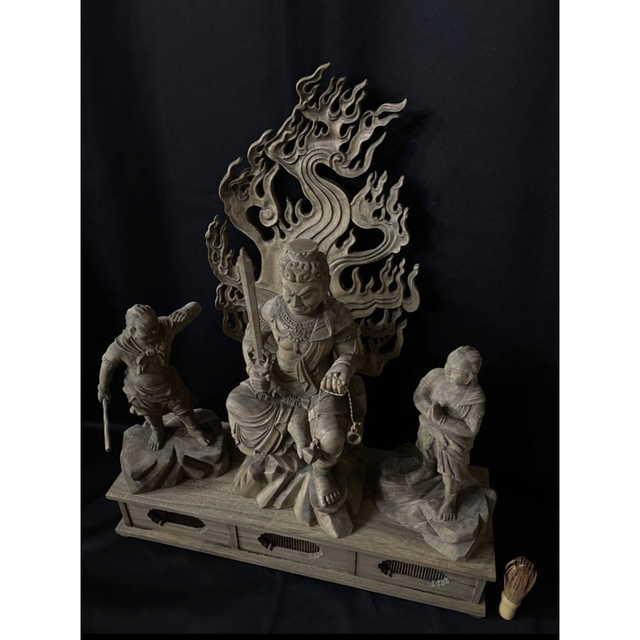 井波彫刻 大型高70cm 仏教工芸品 香樟材 古美術 時代彫刻 不動明王三尊