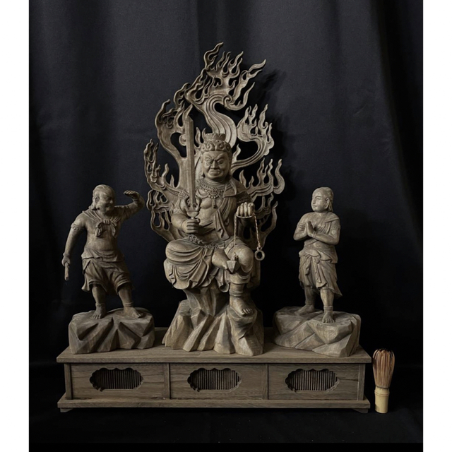井波彫刻　大型高70cm 仏教工芸品　香樟材　古美術　時代彫刻　不動明王三尊座像