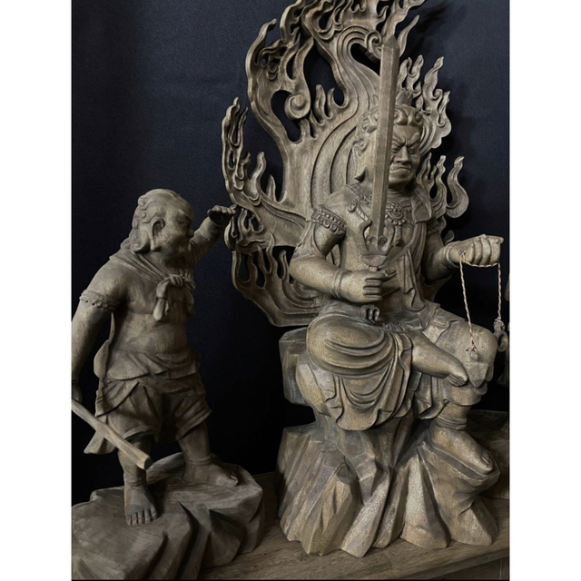 井波彫刻 大型高70cm 仏教工芸品 香樟材 古美術 時代彫刻 不動明王三尊