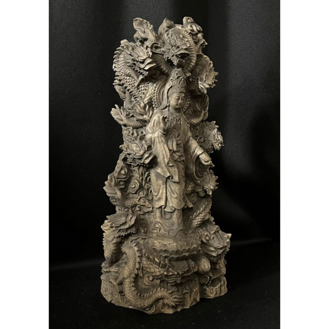 仏教工芸品 総楠製 井波彫刻 一刀彫 極上彫 木彫仏像 九龍観音菩薩立像-