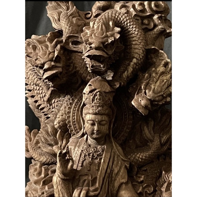 仏教工芸品 総楠製 井波彫刻 一刀彫 極上彫 木彫仏像 九龍観音菩薩立像