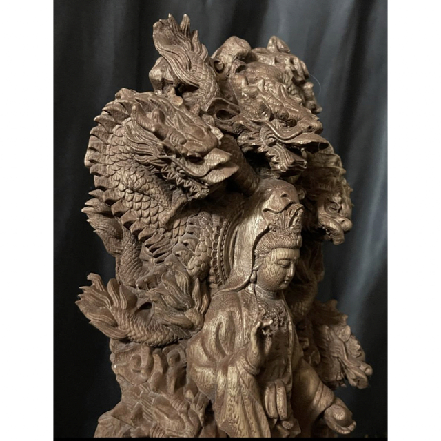 仏教工芸品 総楠製 井波彫刻 一刀彫 極上彫 木彫仏像 九龍観音菩薩立像