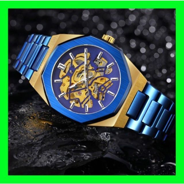 新品  3D フルスケルトン 自動巻き 機械式 メンズ 腕時計 ブルー ゴールド