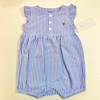 ラルフローレン(Ralph Lauren)の6m70cm 水色　ストライプオックスフォード　フリル袖ショートオール(ロンパース)