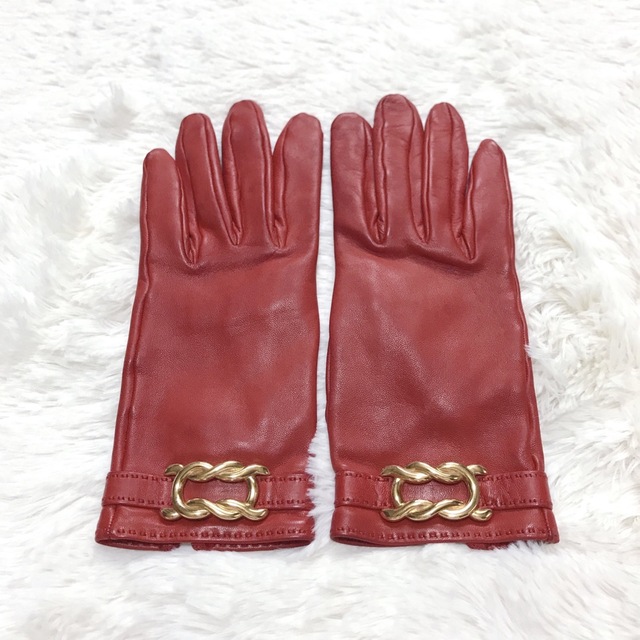高級 HERMES エルメス レッド 手袋 グローブ レザー ゴールド金具
