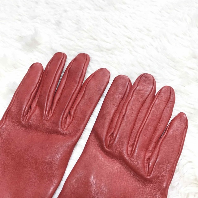 高級 HERMES エルメス レッド 手袋 グローブ レザー ゴールド金具