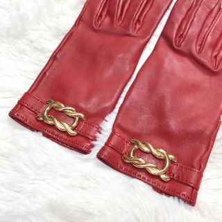 高級 HERMES エルメス レッド 手袋 グローブ レザー ゴールド金具