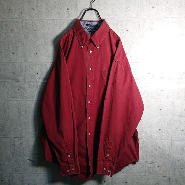 【トミーヒルフィガー】90s 刺繍 ライオンロゴ ツイル シャツ エンジ XL