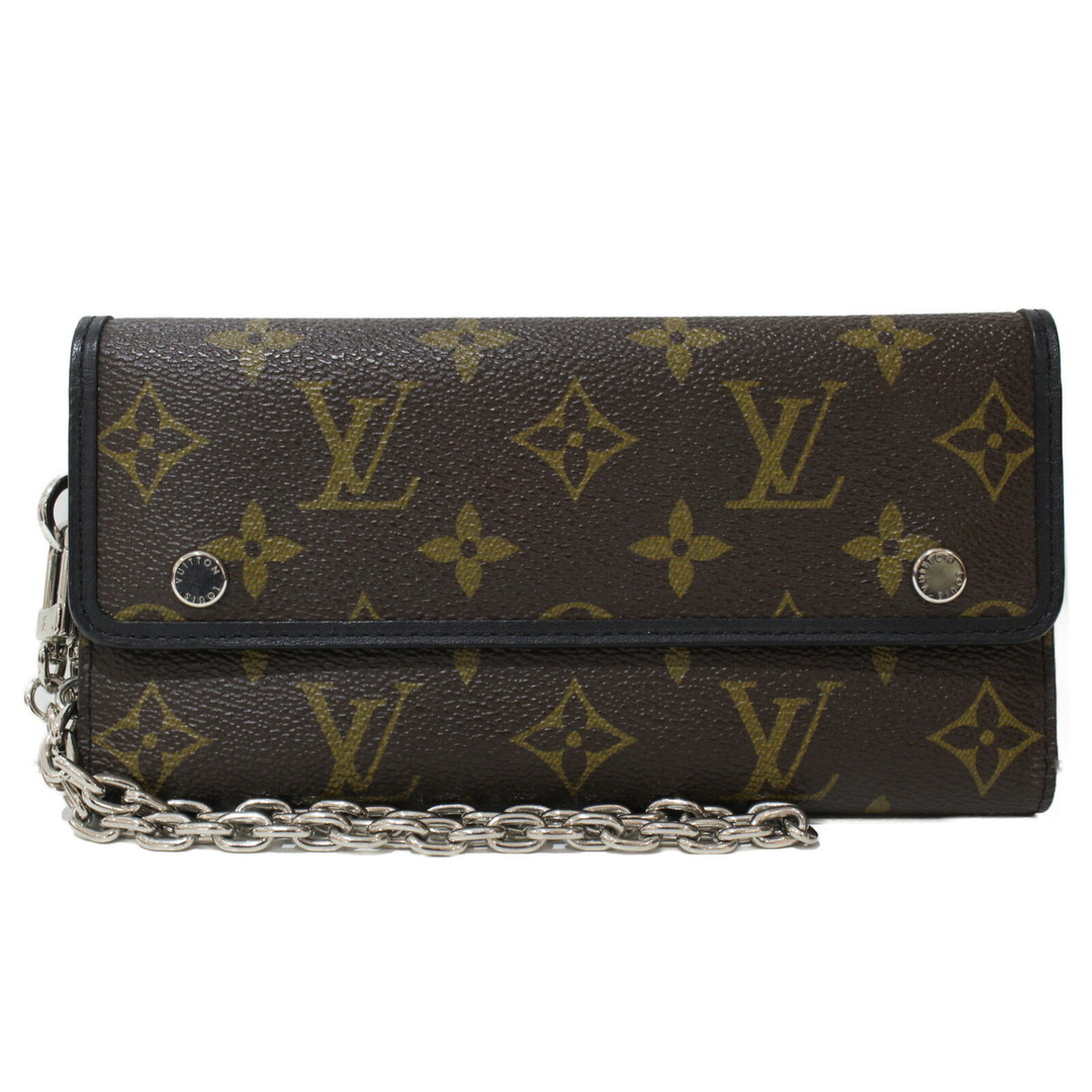 メンズ【箱・布袋あり】LOUIS VUITTON　ルイヴィトン　ポルトフォイユ・ロン　M60168　三つ折長財布　チェーン付き　モノグラム・マカサー　ブラウン×ブラック　イニシャル入り　メンズ　ギフト　プレゼント包装可松前R56号店