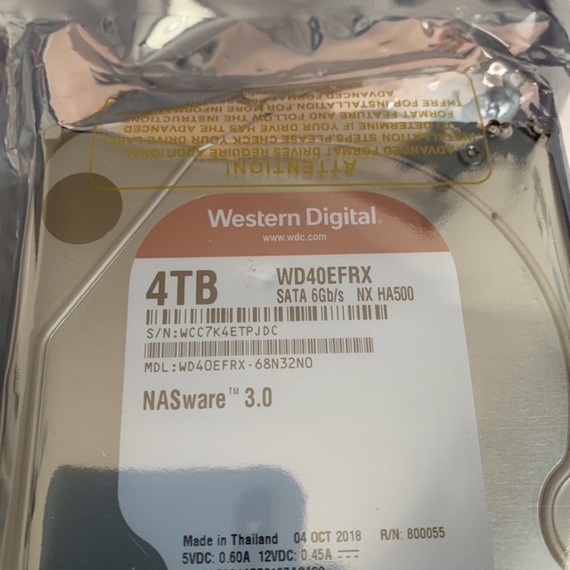 Western Digital製HDD WD40EFRX 4TB SATA600 スマホ/家電/カメラのPC/タブレット(PC周辺機器)の商品写真