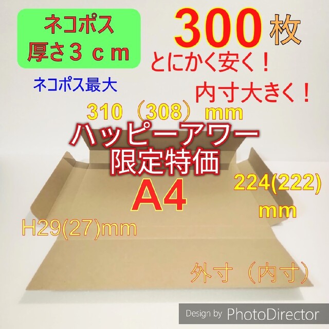 ★発送用300枚ネコポス最大サイズ 厚さ3㎝ 対応★ A4 ダンボール 箱