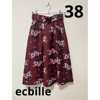 ecbille 花柄ひざ丈スカート　ベルト付き　38サイズ(ひざ丈スカート)