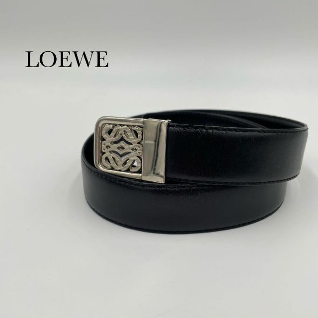 美品】ロエベ LOEWE アナグラム ベルト ブラック レザー シルバー-