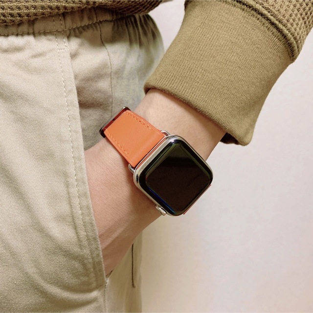 Apple Watch レザー 革 皮 上質 バンド ベルトオレンジ42 44