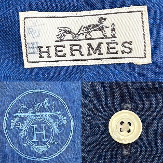 HERMES エルメス 長袖シャツ ロゴ刺繍 アパレル トップス 服 春 秋  40 ブルー 青 リネン    メンズ 人気【品】