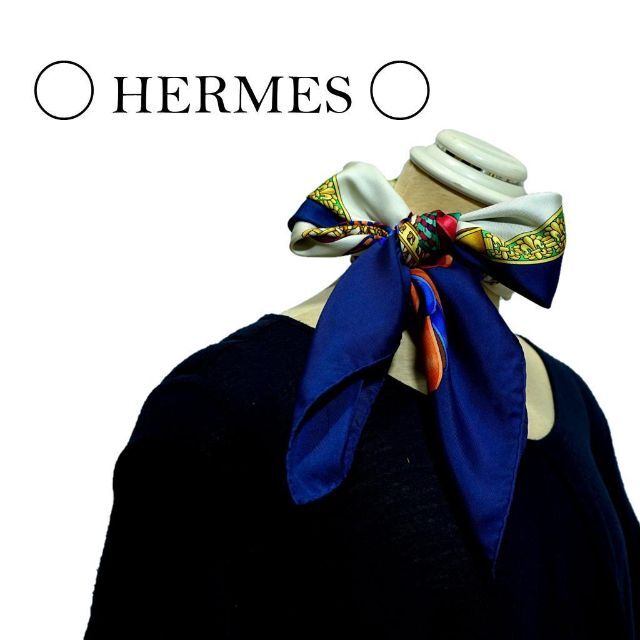 美品】HERMES エルメス カレ 90 スカーフ 馬のリボン飾り ネイビー