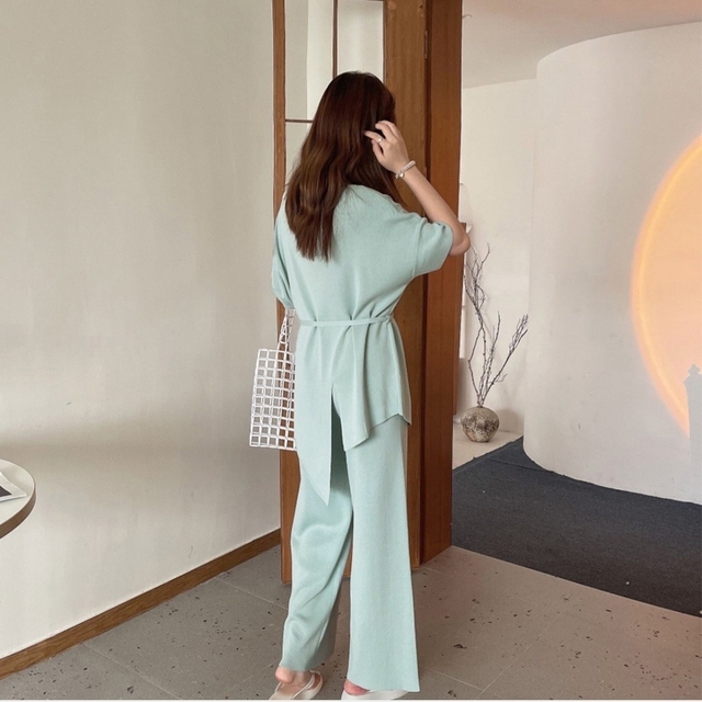 サマーニット ワイドパンツ セットアップ 2点セット 冷感タッチ 春夏