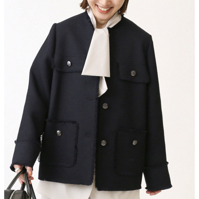 IENA(イエナ)のIENA &NAVY ノーカラーツィードジャケット レディースのジャケット/アウター(ノーカラージャケット)の商品写真
