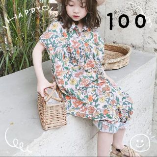 売れ筋♥100女の子オールインワン　サロペット　花柄　半袖ワンピース　リゾート(ワンピース)