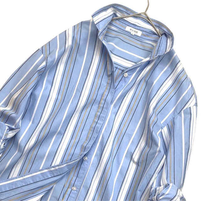 PLST(プラステ)の美品 プラステ 大人可愛い 比翼シャツ ビッグシャツ ストライプ 水色 M レディースのトップス(シャツ/ブラウス(長袖/七分))の商品写真