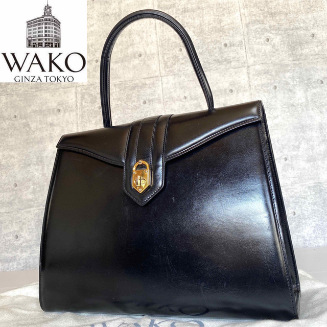 銀座WAKO フォーマル ハンドバッグ 黒革 レザー ゴールド金具 定価14万