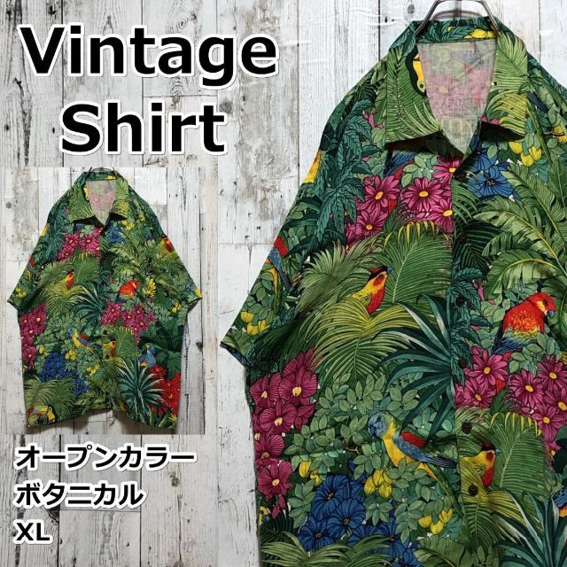 【激レア】ボタニカル 鳥 総柄 XL オープンカラー 開襟シャツ 半袖シャツ