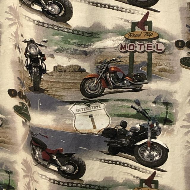 【一点物】バイク 総柄 レーヨン×コットン 開襟 半袖シャツ L相当ビンテージ