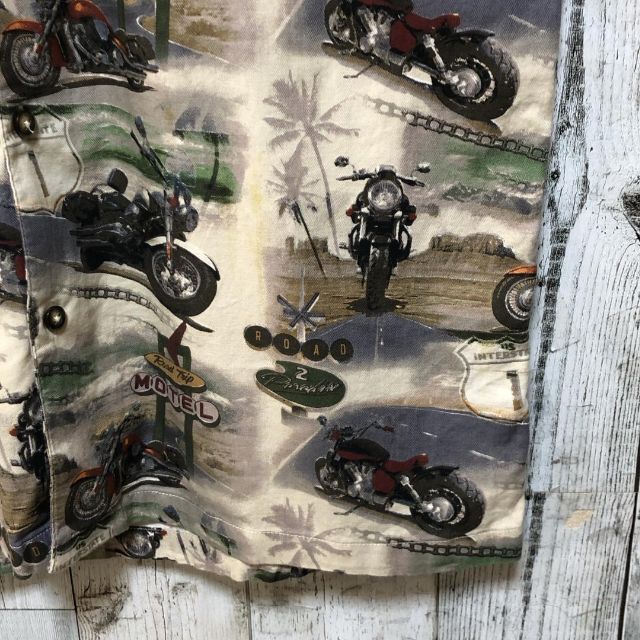 【一点物】バイク 総柄 レーヨン×コットン 開襟 半袖シャツ L相当ビンテージ