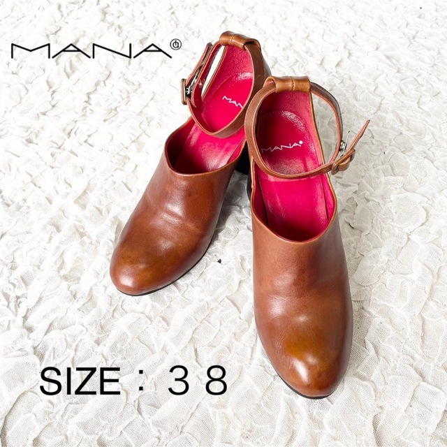 【美品】MANA マナ ストラップ パンプス サンダル 太ヒール ブラウン 38 レディースの靴/シューズ(ハイヒール/パンプス)の商品写真