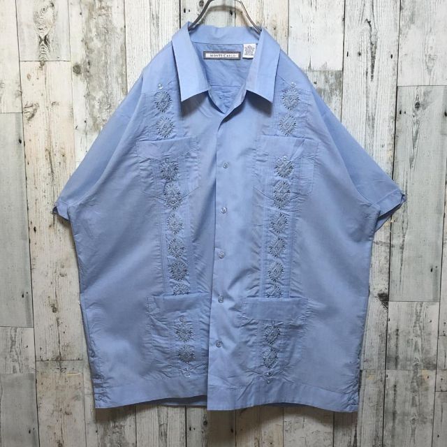 【ビッグサイズ 2XL】総刺繍 4つポケット 水色 キューバシャツ 半袖シャツ メンズのトップス(シャツ)の商品写真