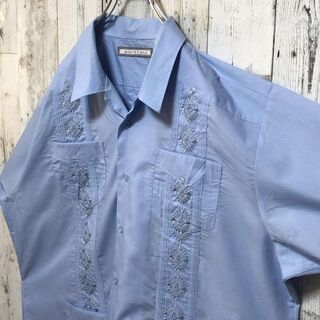 【ビッグサイズ 2XL】総刺繍 4つポケット 水色 キューバシャツ 半袖シャツ