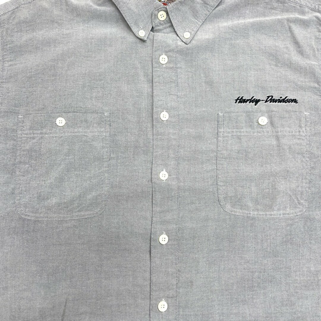 Hurley(ハーレー)の【中古】 ハーレーダビットソン HARLEY-DAVIDSON ボタンダウンシャツ ロゴ 刺繍 長袖 サイズ：2XL グレー 古着 中古 mellow メンズのトップス(シャツ)の商品写真