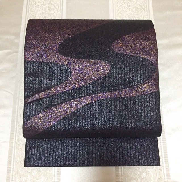 本漆津軽箔 六通 袋帯 正絹 紫 流水柄