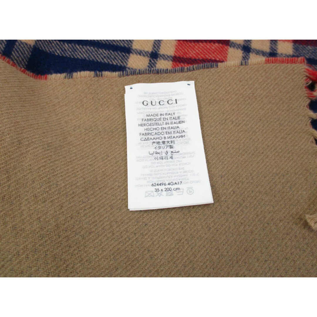 Gucci(グッチ)のGUCCI ロゴ マフラー カシミア ウール チェック柄 レッド ブルー メンズのファッション小物(マフラー)の商品写真