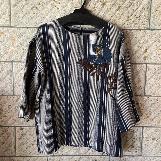45R 45rpm インディゴ カルゼヒッコリーのプルメリア刺繍ブラウス 【大