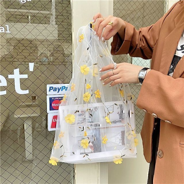 エコバッグ シースルー 刺しゅう ホワイト 花柄 シフォン オーガンジー 韓国 レディースのバッグ(エコバッグ)の商品写真