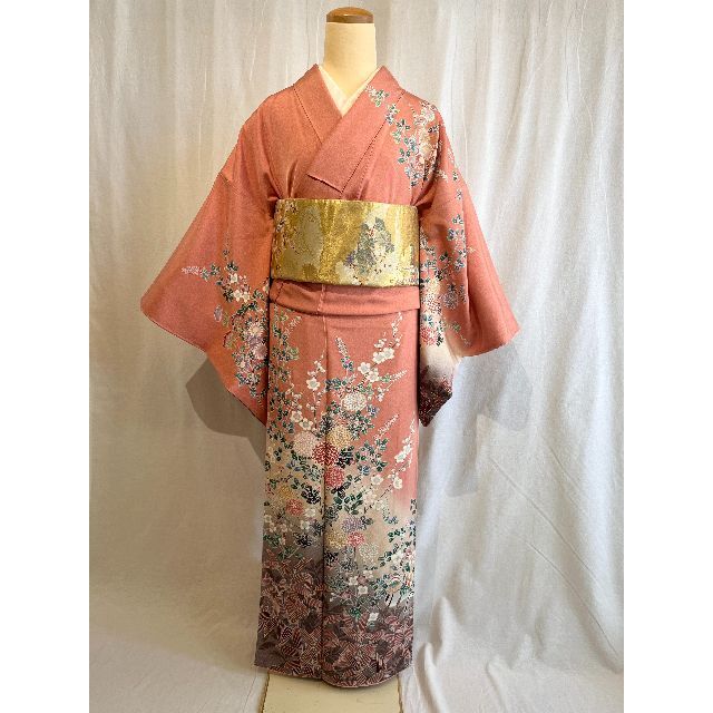 2292 高身長 オシドリと草花紋様 訪問着 袷単品