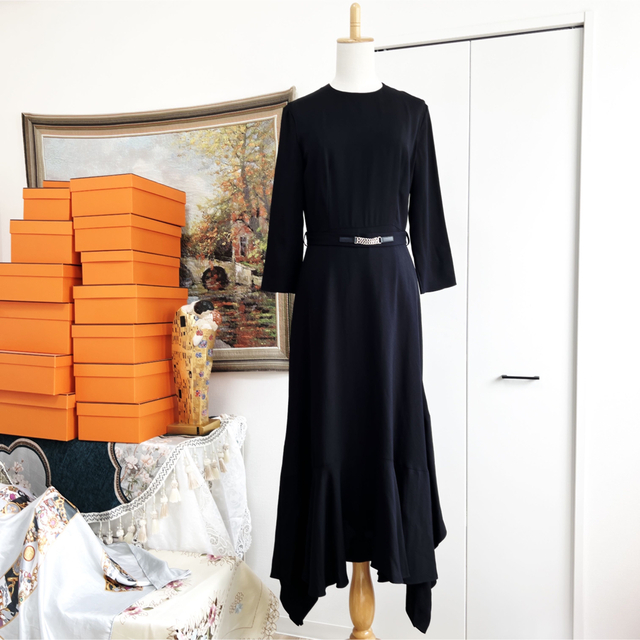 美品 HERMES エルメス フリル チェーン装飾 ドレス ロング ワンピース