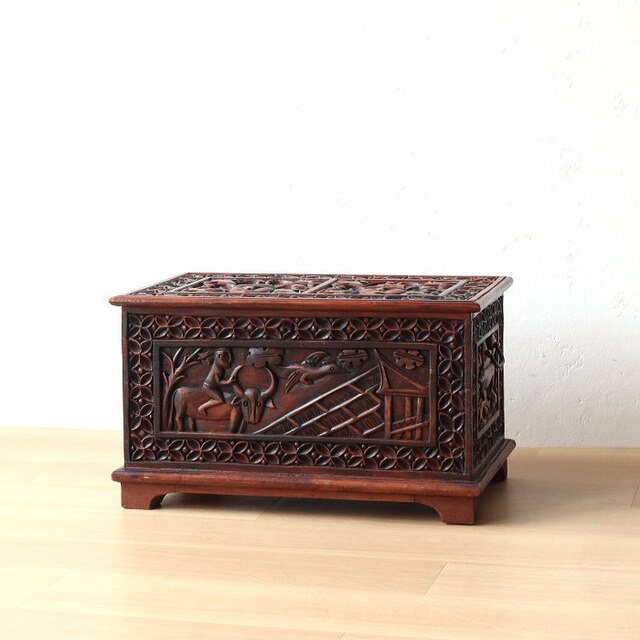 アンティーク アジアン ボックス 無垢材 彫刻 花台 木製 バリ 収納箱