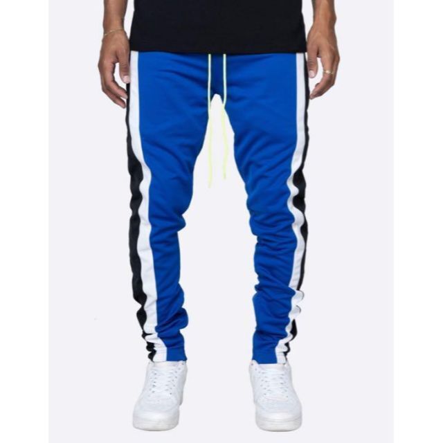 ジョガーパンツ　黒白ダブルライン　スキニースウェット　メンズレディース　青XXL メンズのパンツ(その他)の商品写真