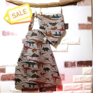 人気★グレー★110〜130cm相当★恐竜図鑑★簡単子供エプロン＆三角巾セット★(ファッション雑貨)