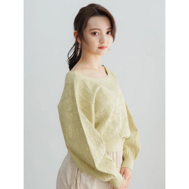 LADY MADE(レディメイド)の【LADYMADE】メッシュフラワーニットカーディガン　黄緑　イエロー　グリーン レディースのトップス(カーディガン)の商品写真