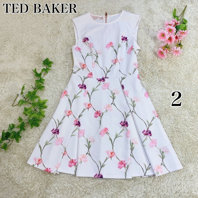 TED BAKER 花柄 ジャガード オフショル ワンピース ホワイト ピンク