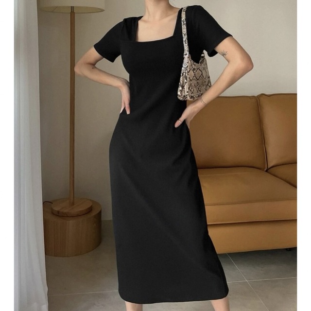  DAZY スクエアネック リブニット ドレス   レディースのワンピース(ロングワンピース/マキシワンピース)の商品写真