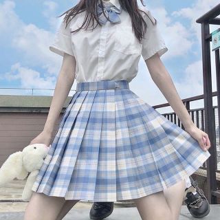 アイスブルー チェック スカート リボン 制服セット なんちゃって制服 サブカル(ミニスカート)