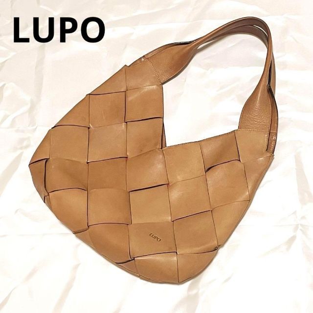 LUPO　ルポ　ワイドメッシュレザー　ハンドバッグ　キャメル　編み込みデザイン