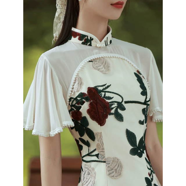 チャイナドレス　ワンピース　高級　刺繍　花柄　袖フレア　マーメイドドレス