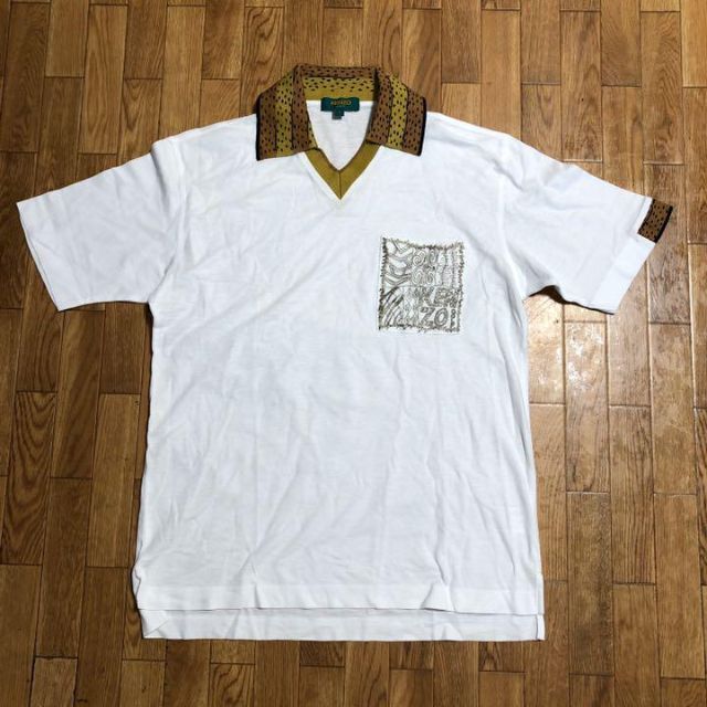 KENZO(ケンゾー)の90s 日本製 KENZO Vネック ポロシャツ 白 ヒョウ柄 麻混 半袖シャツ メンズのトップス(シャツ)の商品写真