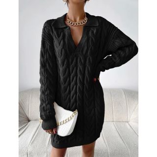 シーイン(SHEIN)の人気完売新品未着用SHEIN ケーブル編みドロップショルダーセータードレスM 黒(ミニワンピース)